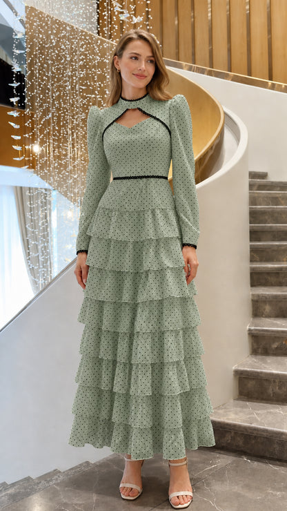 Sage green polka dot tiered long sleeve maxi dress with lace cutout bodice