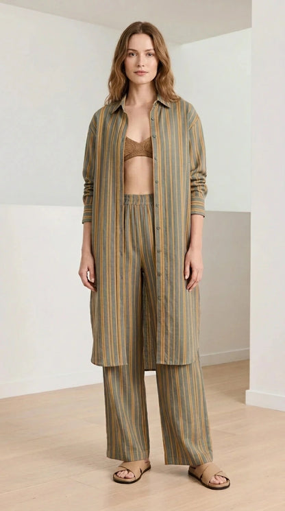Woman wearing olive striped coordinate set