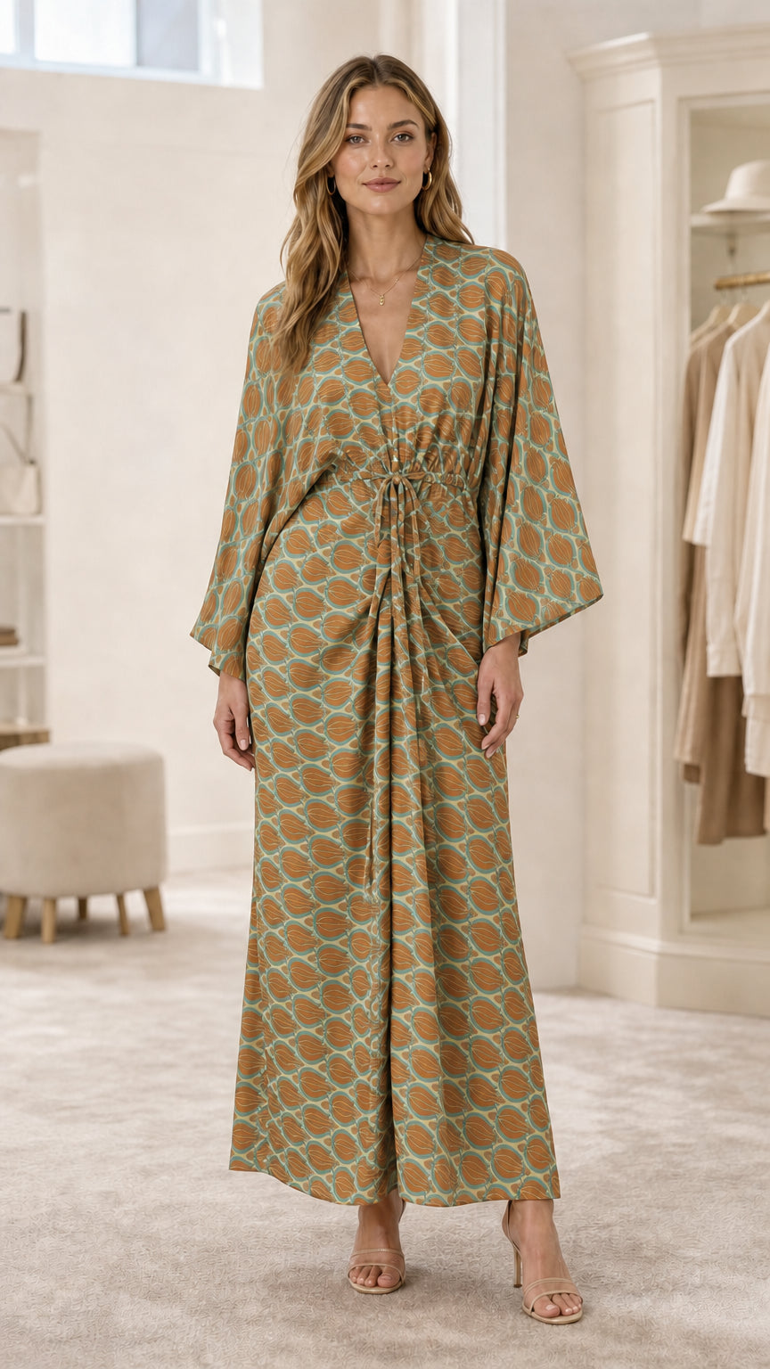 Model wearing sage green geometric print maxi dress