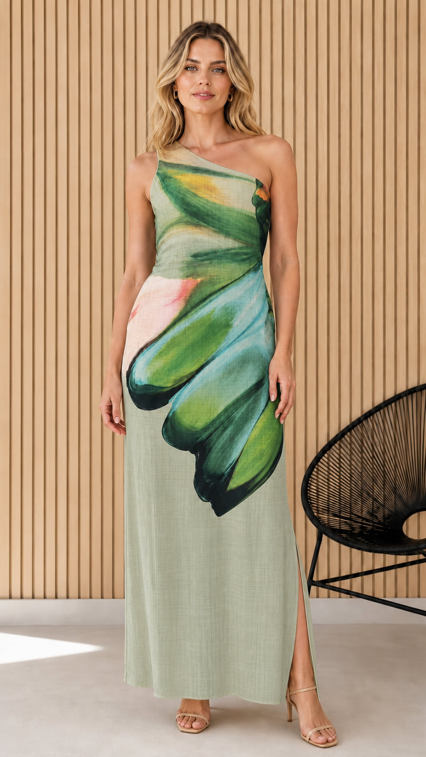 Front view of one-shoulder maxi dress in sage green