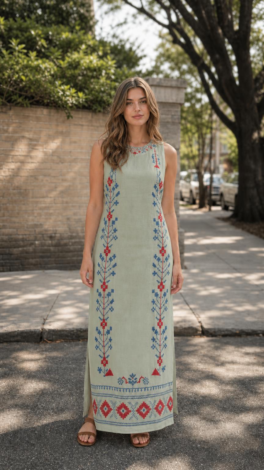 Front view of woman wearing sage green embroidered maxi dress