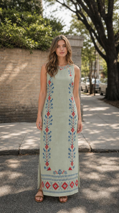 Front view of woman wearing sage green embroidered maxi dress