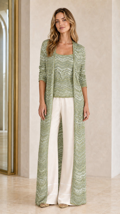 Metallic chevron knit long duster cardigan and tank set in sage green