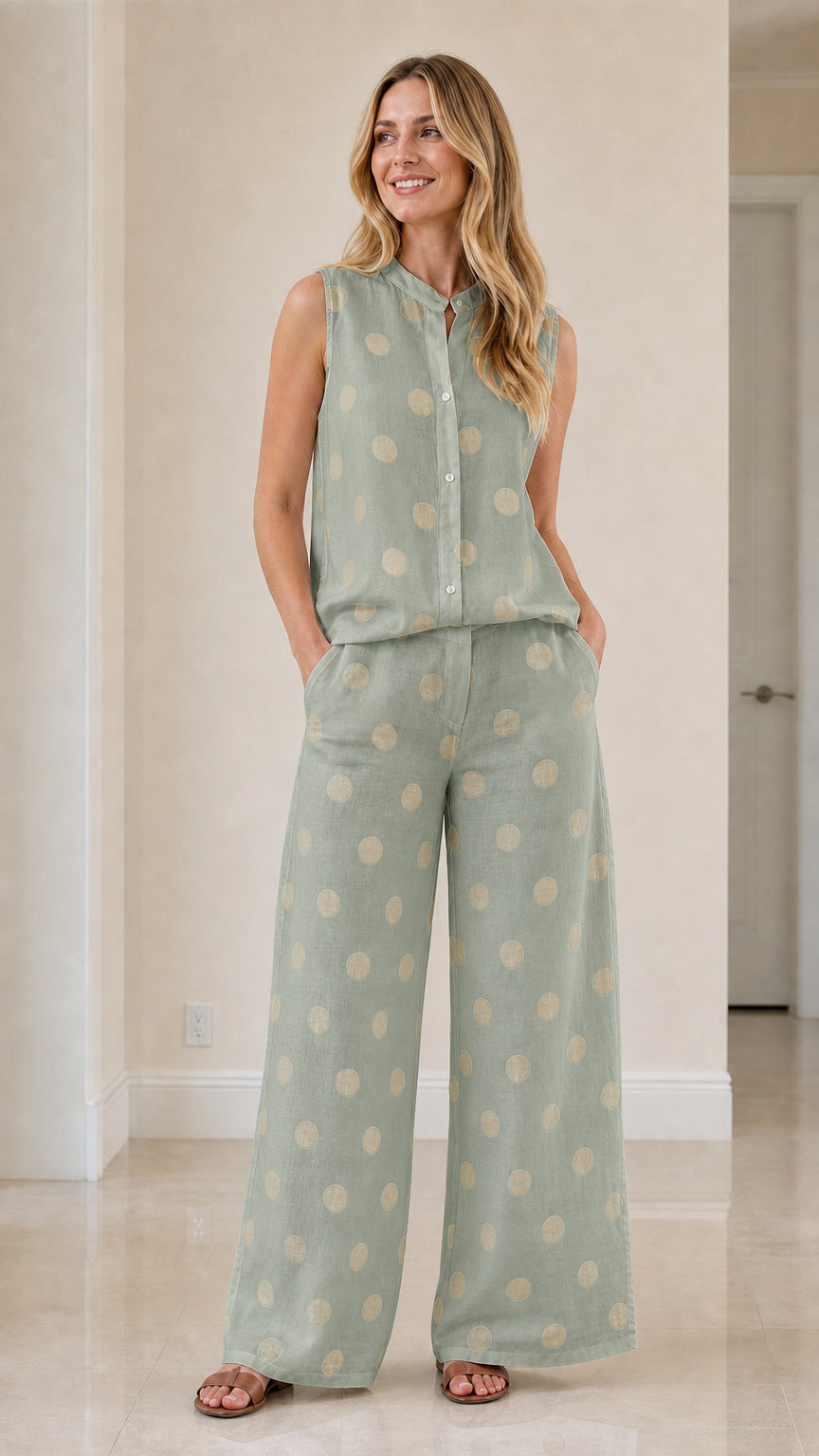 Woman wearing sage green polka dot two-piece set