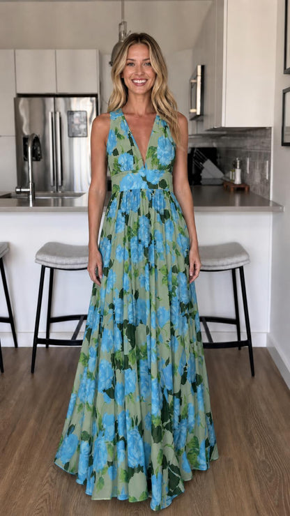 Front view of Green floral maxi dress variant