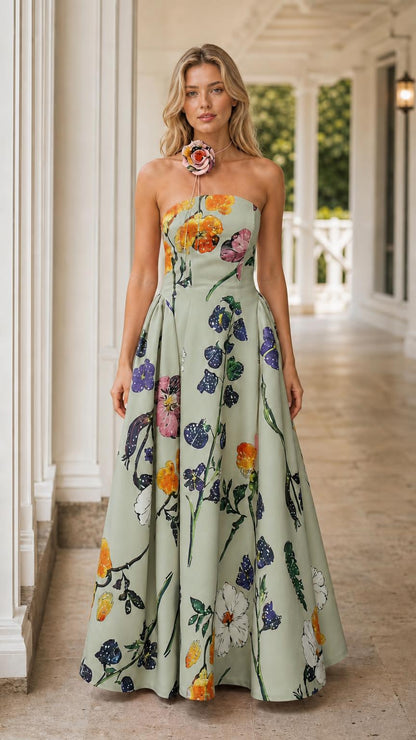 Front view of sage green floral strapless maxi dress