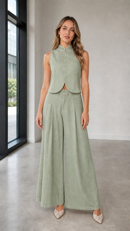 Full-body view of woman in sage green two-piece set