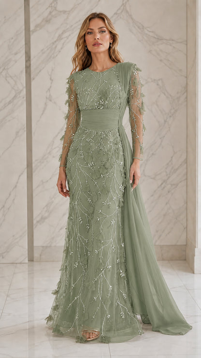 Front view of the sage green evening gown variant