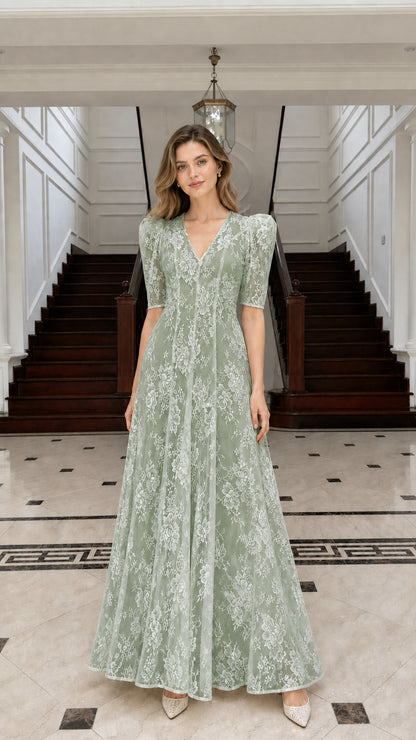 Front view of Sage Green lace maxi dress on model