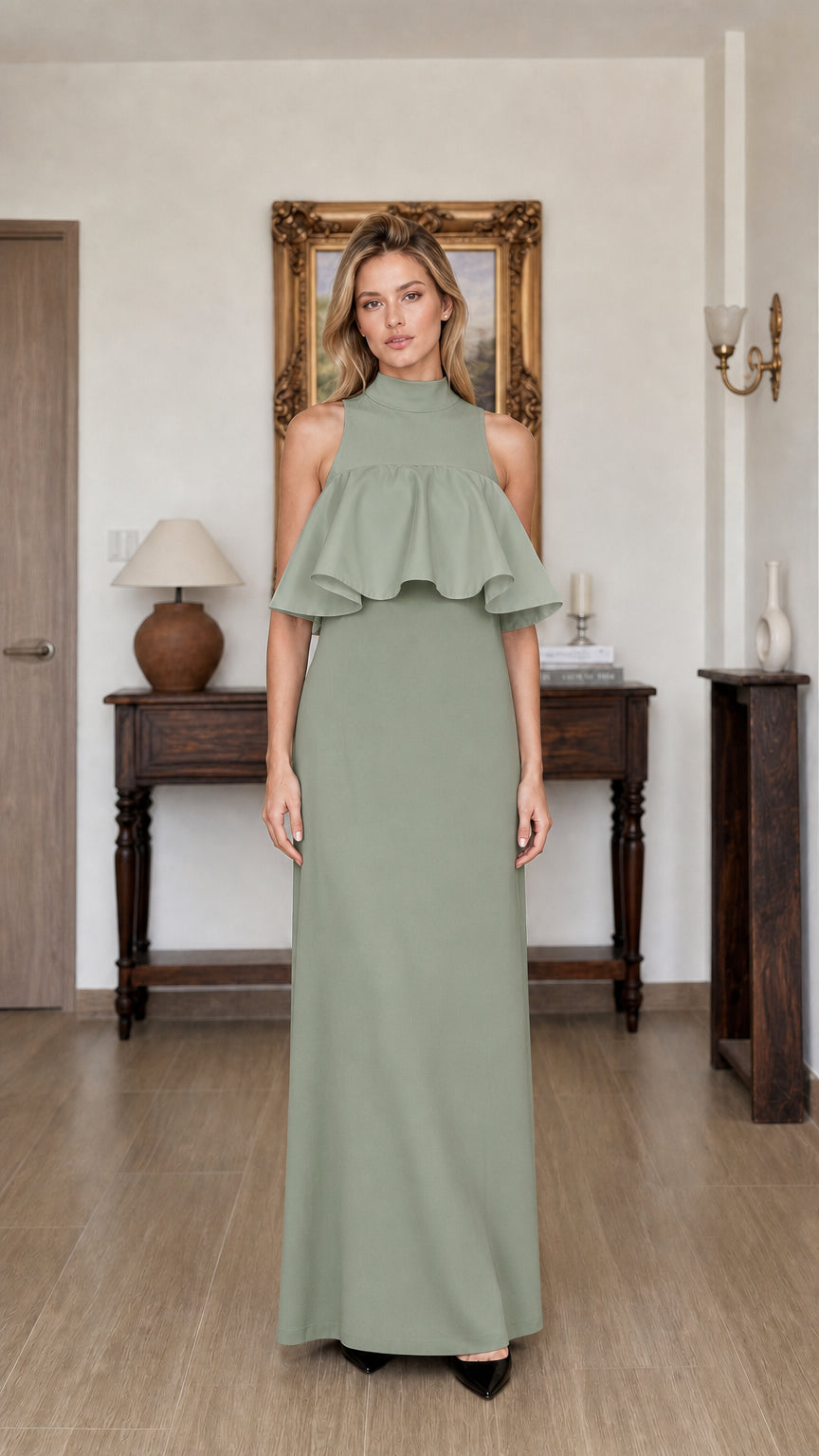 Model wearing sage green ruffle maxi dress
