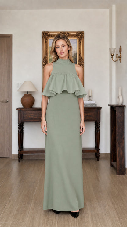 Model wearing sage green ruffle maxi dress