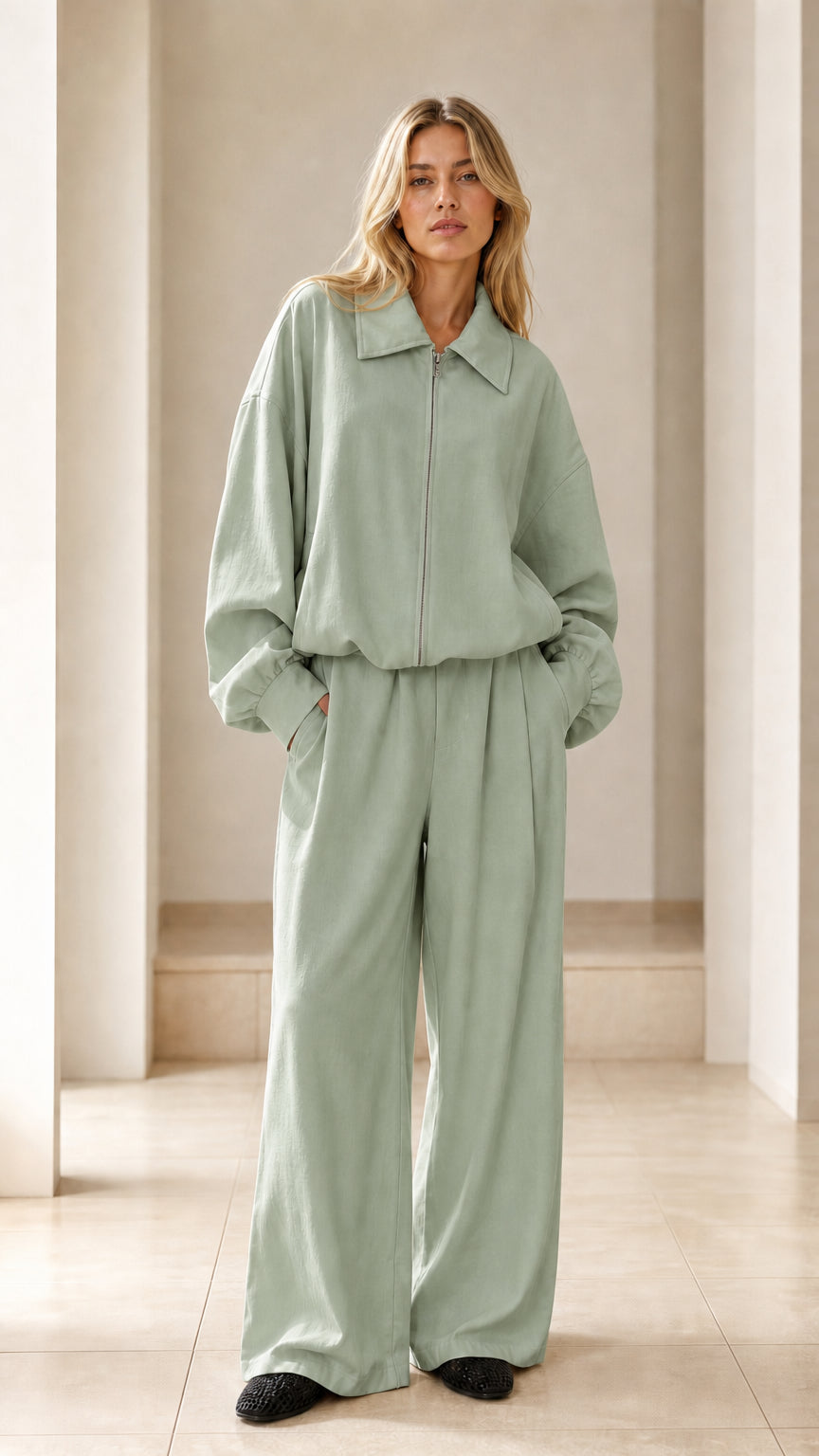 Front view of woman wearing sage green matching zip jacket and wide-leg pant set