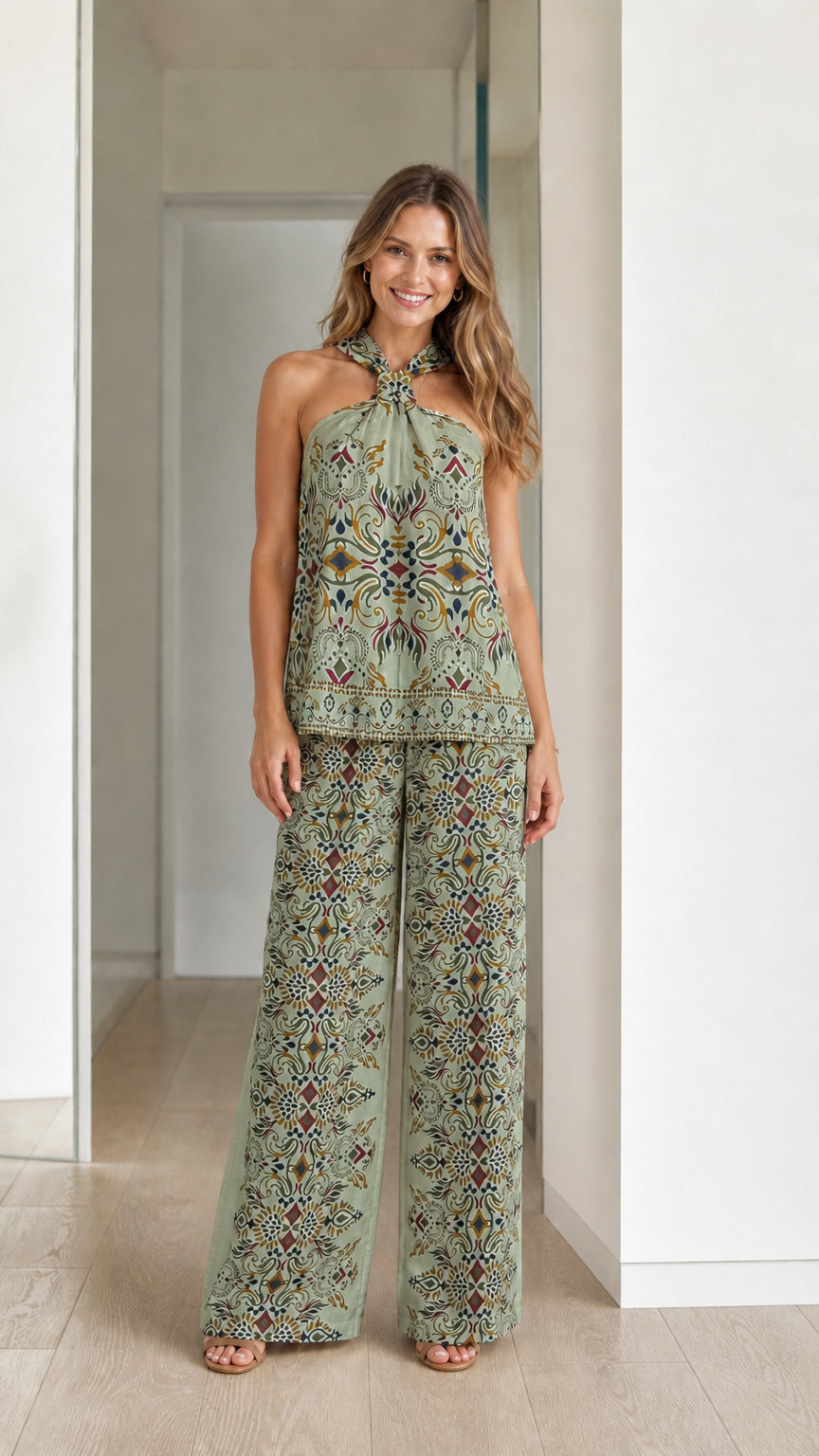 Model wearing sage green boho printed two-piece set