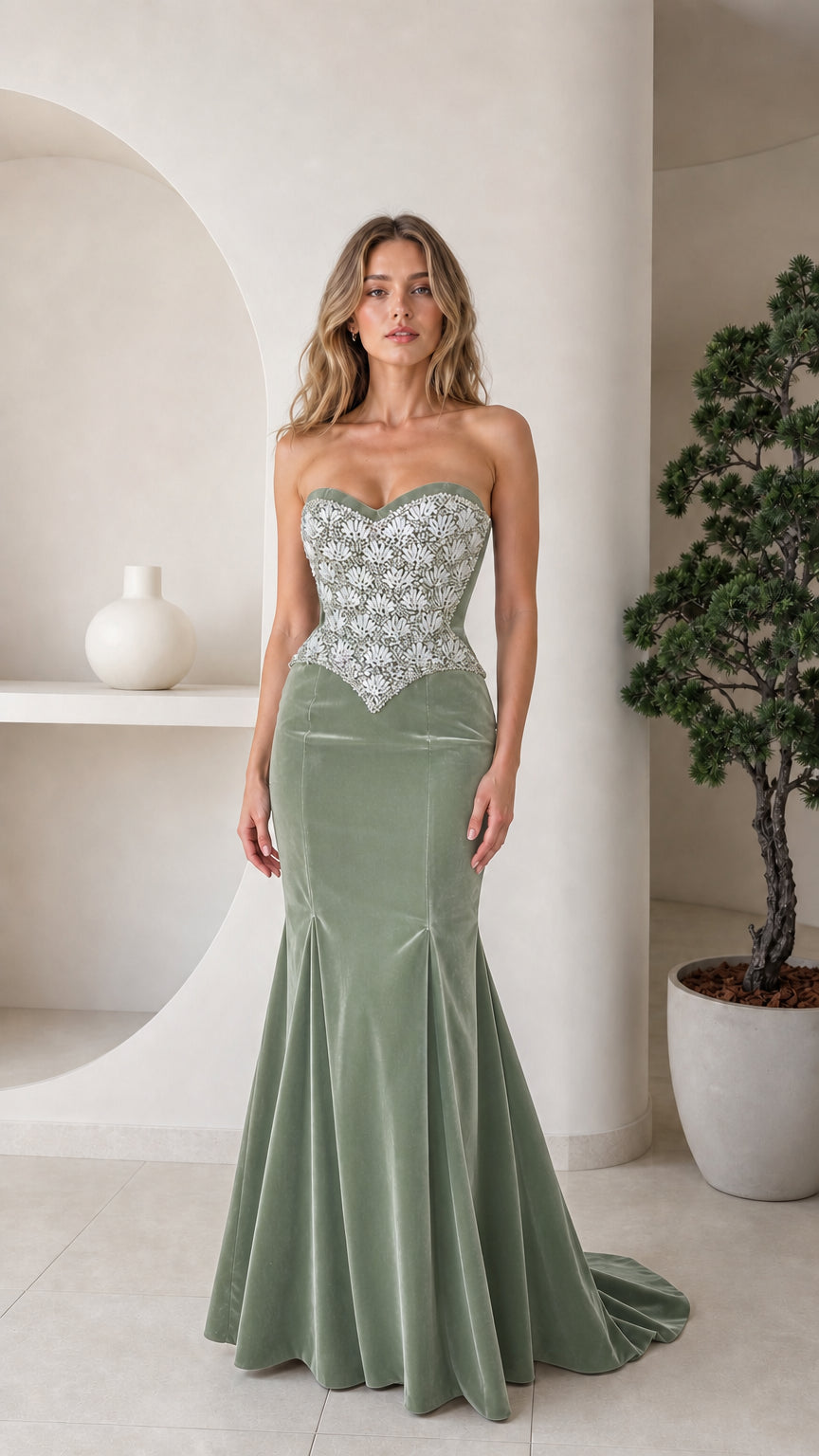 Front view of sage green velvet evening dress