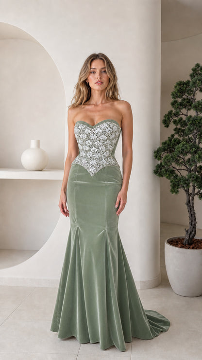 Front view of sage green velvet evening dress