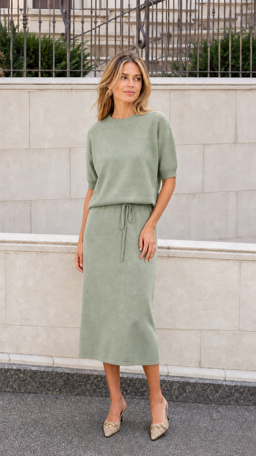 Sage green short sleeve knit midi dress with drawstring waist shown on a model