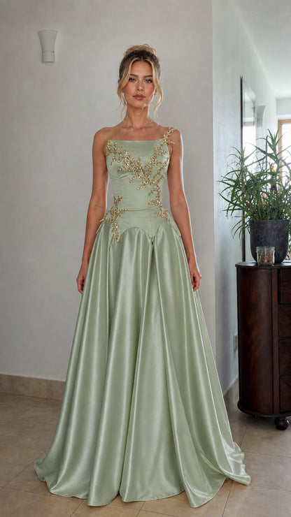 Front view of sage green satin formal evening gown