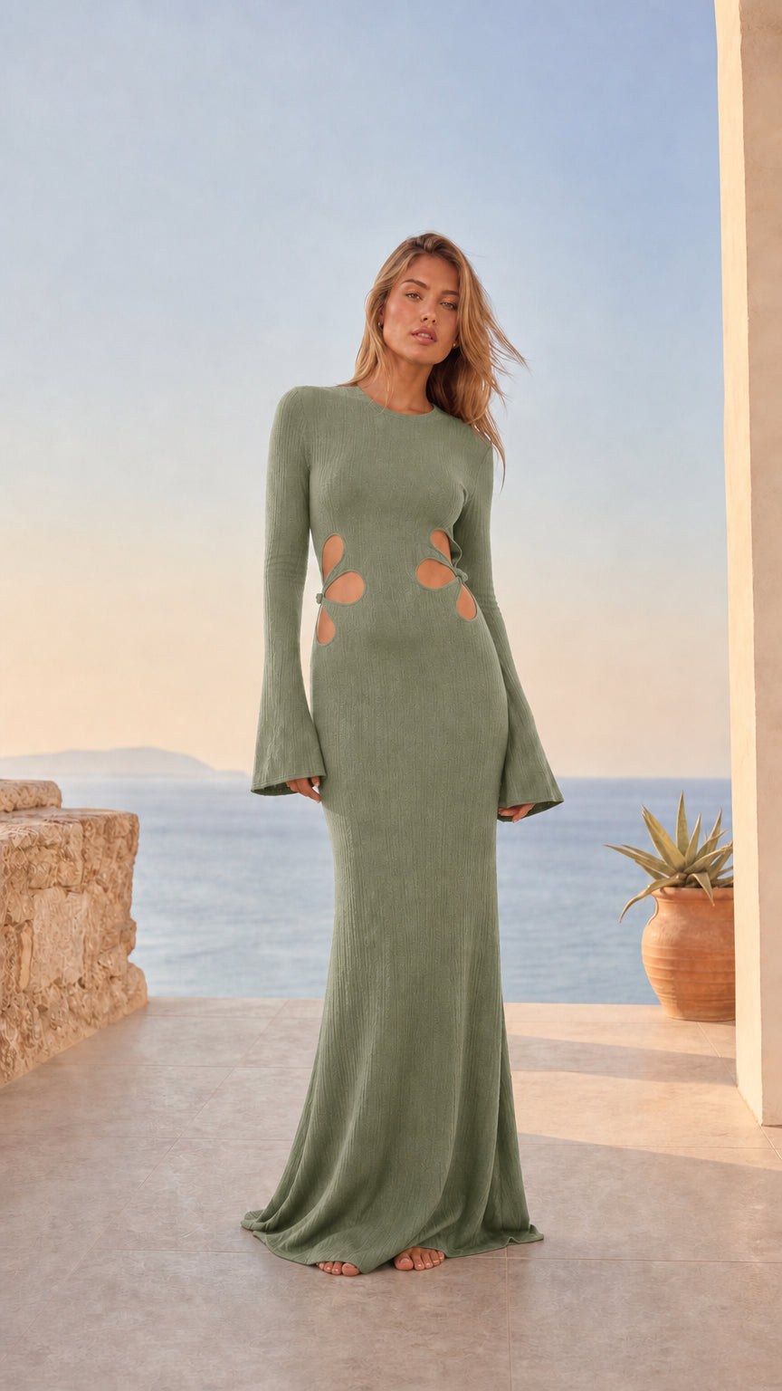 Model wearing a sage green ribbed knit cutout long sleeve maxi dress