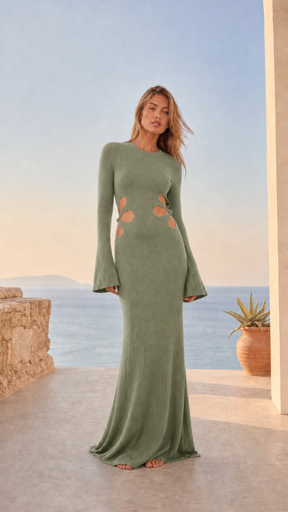 Model wearing a sage green ribbed knit cutout long sleeve maxi dress