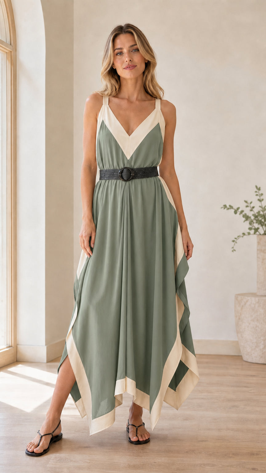 Model wearing Sage Green handkerchief maxi dress with cream contrast trim