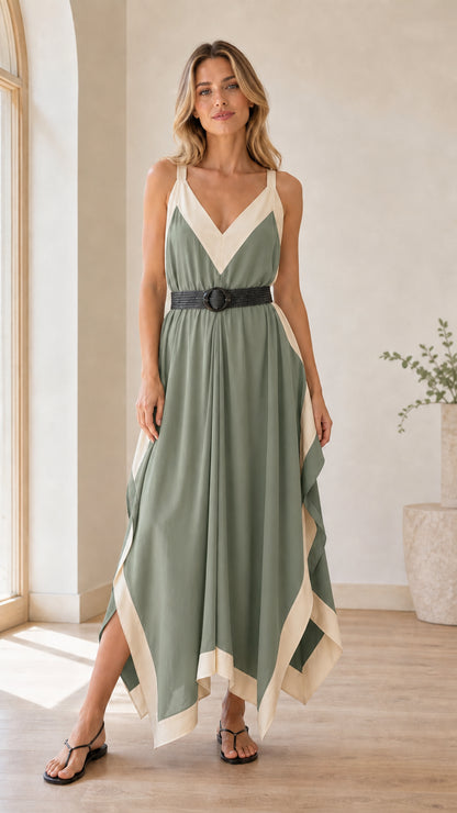 Model wearing Sage Green handkerchief maxi dress with cream contrast trim