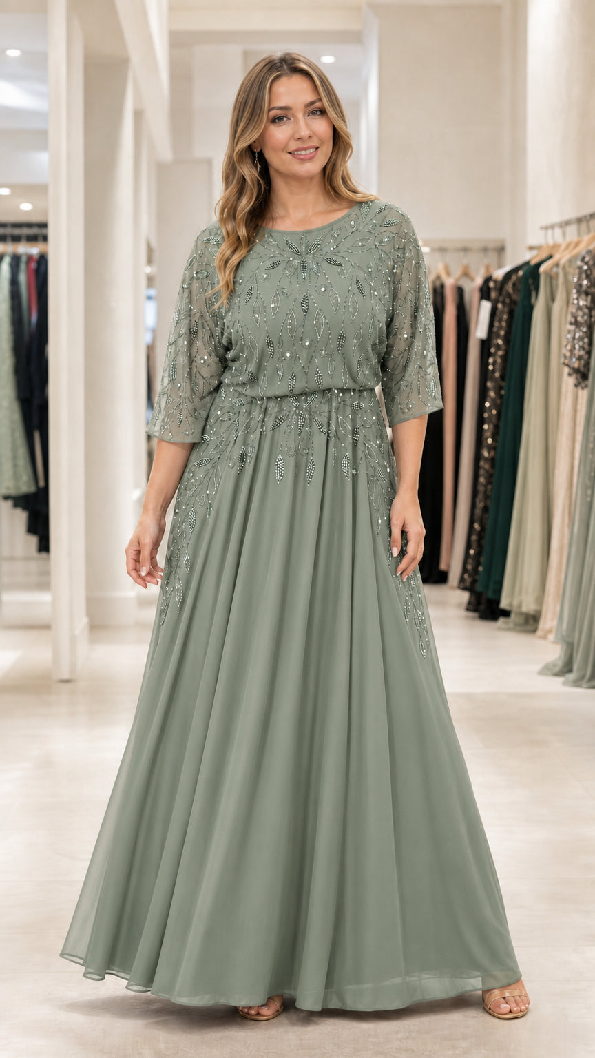 Front full view of sage green sequin embellished floor-length formal dress