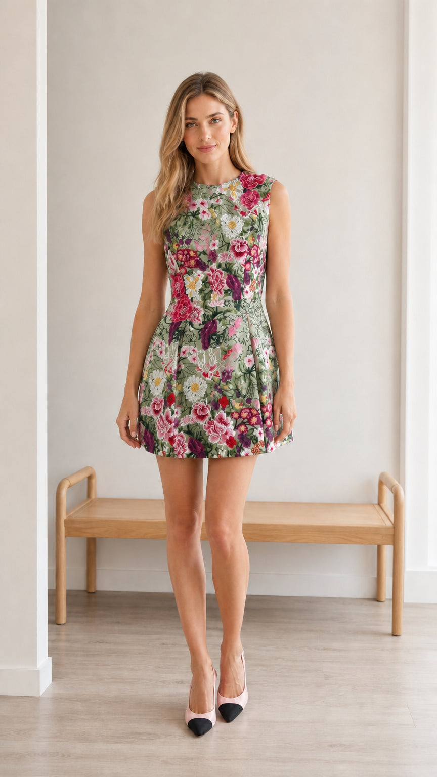 Front view of model wearing sage green floral embroidered mini dress