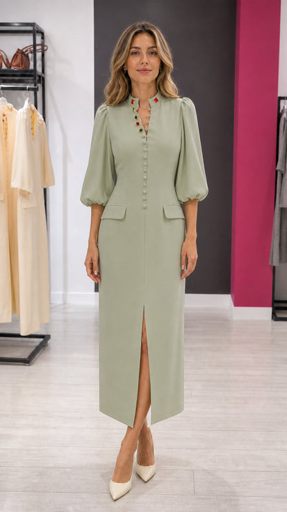 Elegance Gem-Button Midi Dress in Sage