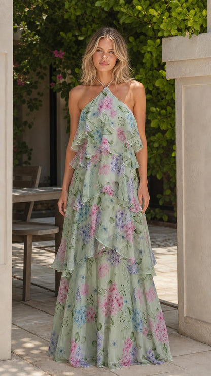 Model wearing sage multi floral halter tiered ruffle maxi dress