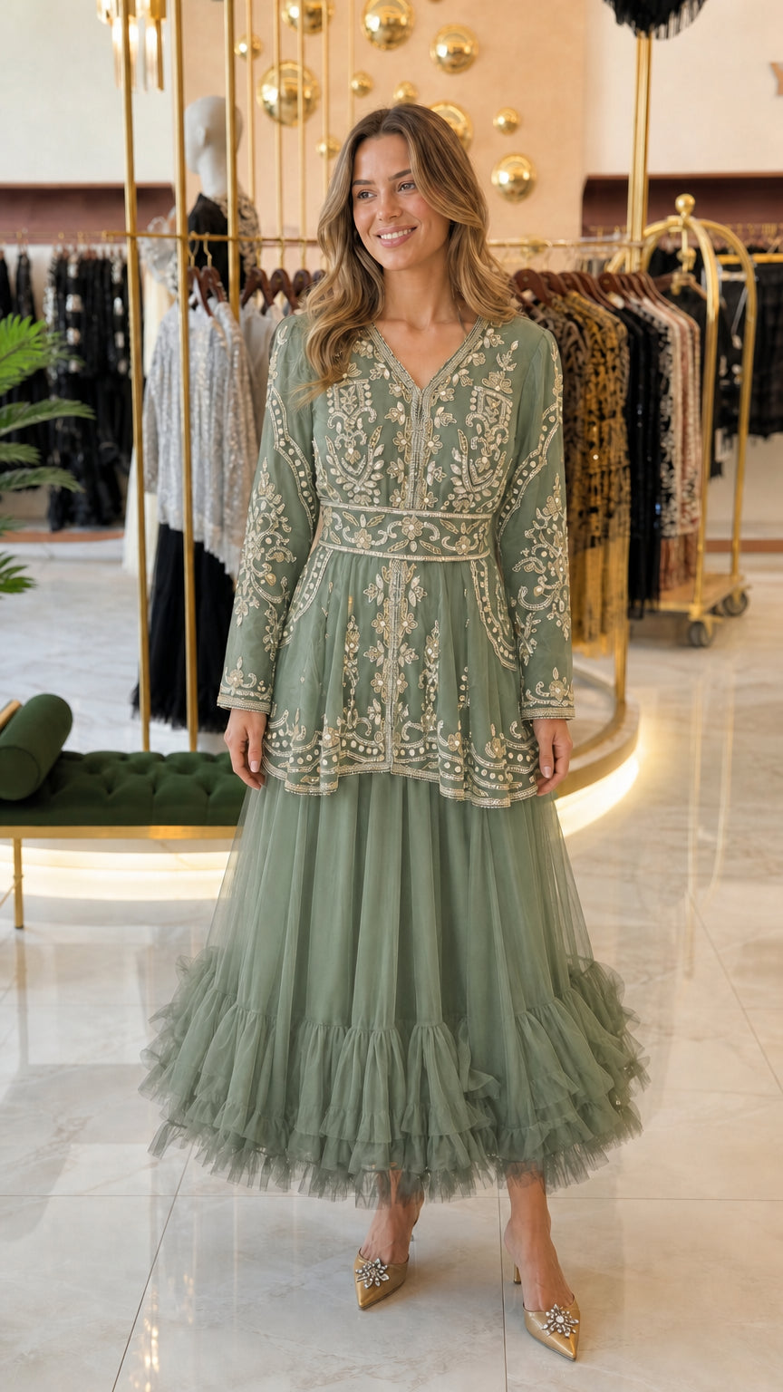 Sage green embroidered peplum tulle maxi evening dress front view