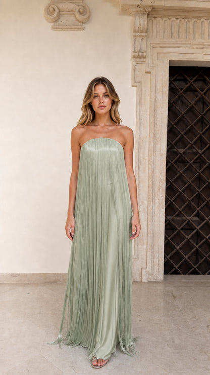 Model wearing Sage Green strapless fringe evening dress