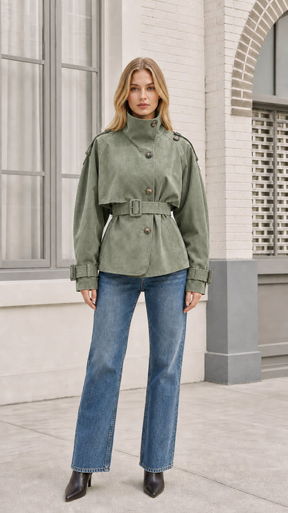 Front view of sage green faux suede trench jacket
