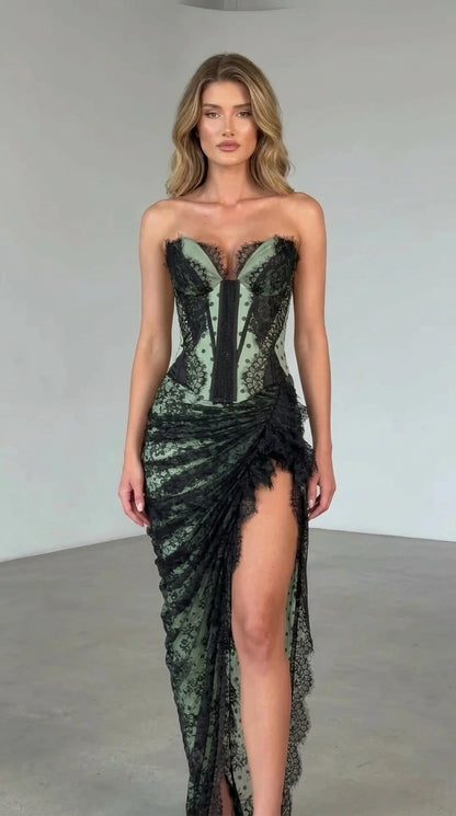 Front view of sage green color variant maxi dress