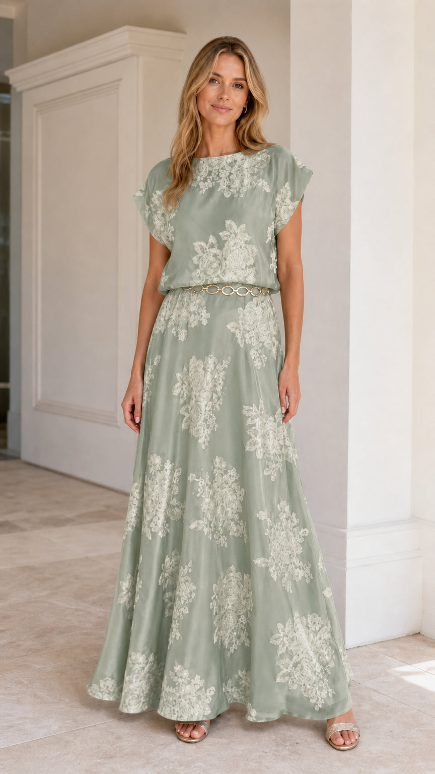 Model wearing Sage floral embroidered maxi dress