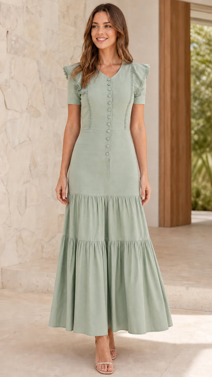 Full length view of model wearing Sage Green tiered maxi dress