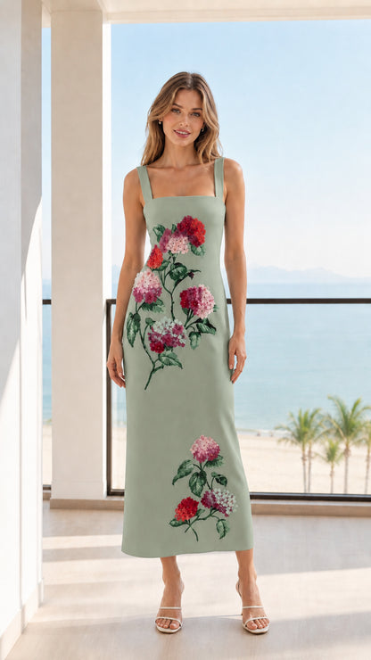 Front view of model wearing Sage Green floral midi dress