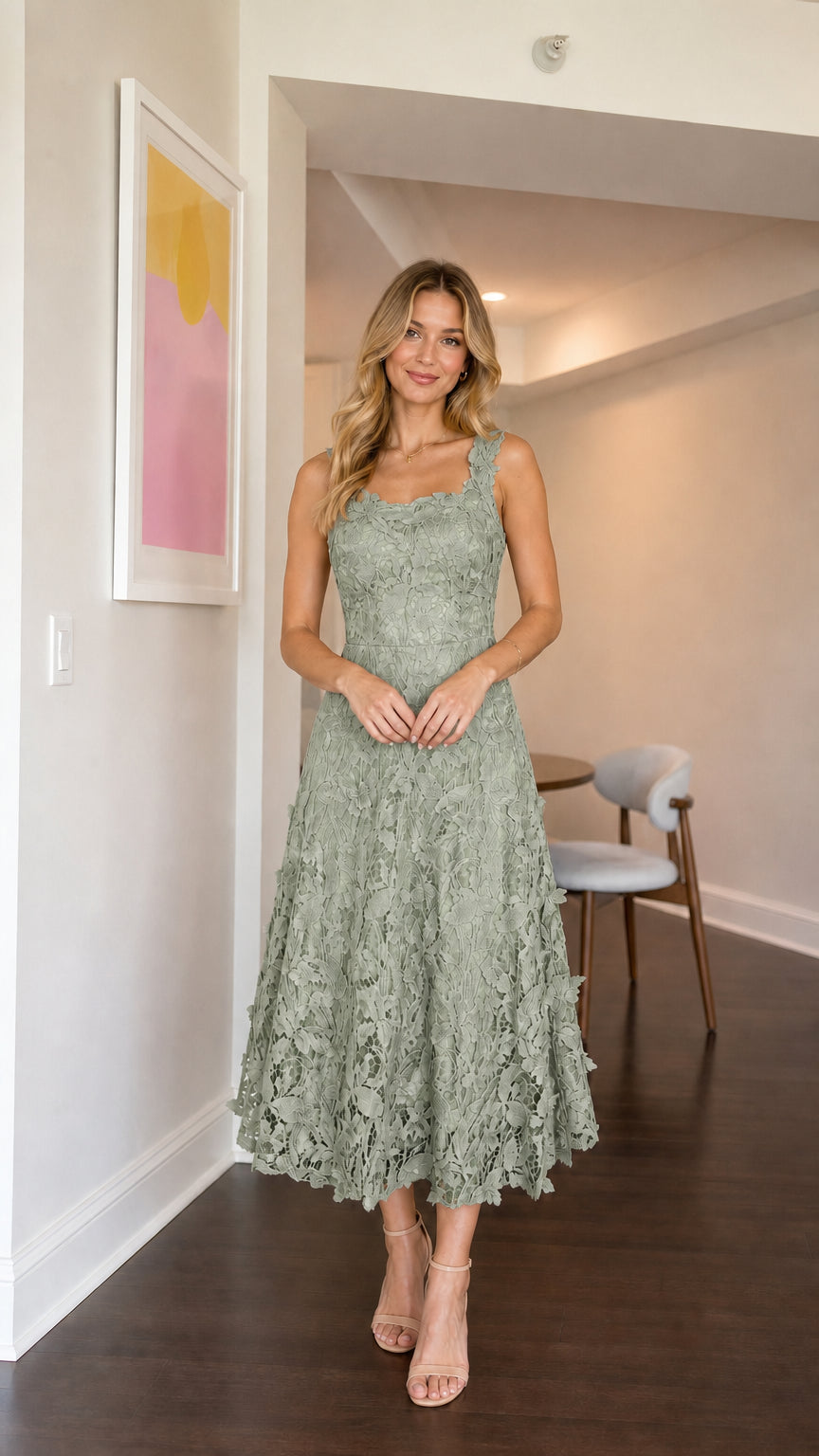Model wearing sage floral lace midi dress
