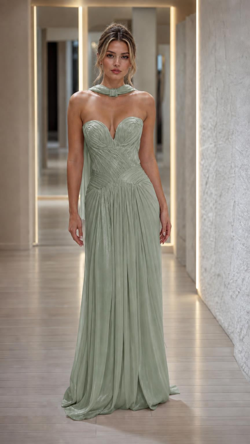 Front view of sage green pleated strapless evening dress