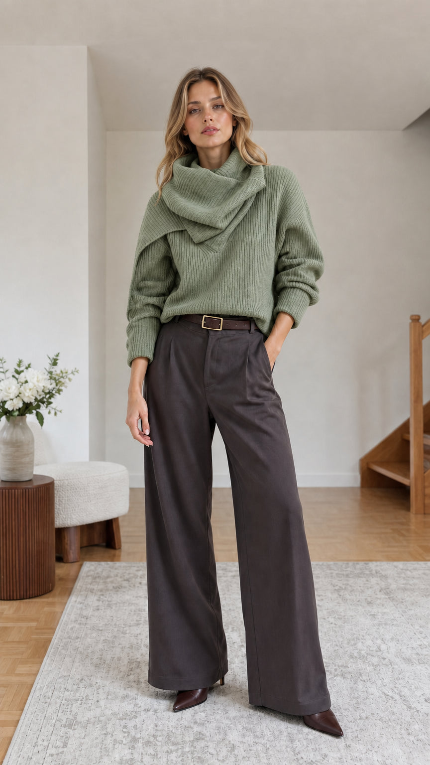 Woman wearing sage green ribbed knit crossover cowl neck sweater