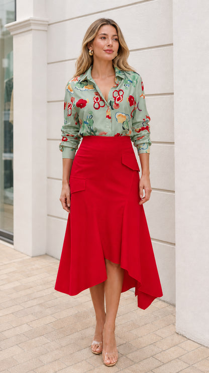 Model wearing green floral button down shirt and red asymmetric midi skirt