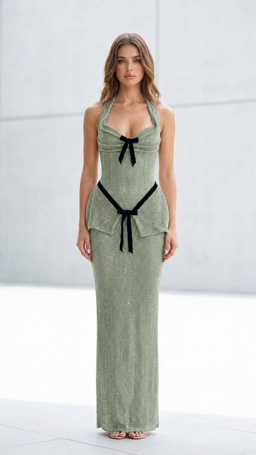 Front view of sage green glitter halter maxi dress