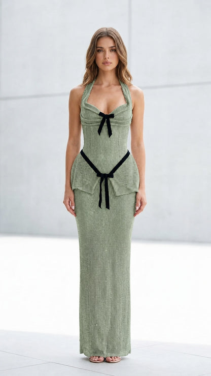 Front view of sage green glitter halter maxi dress