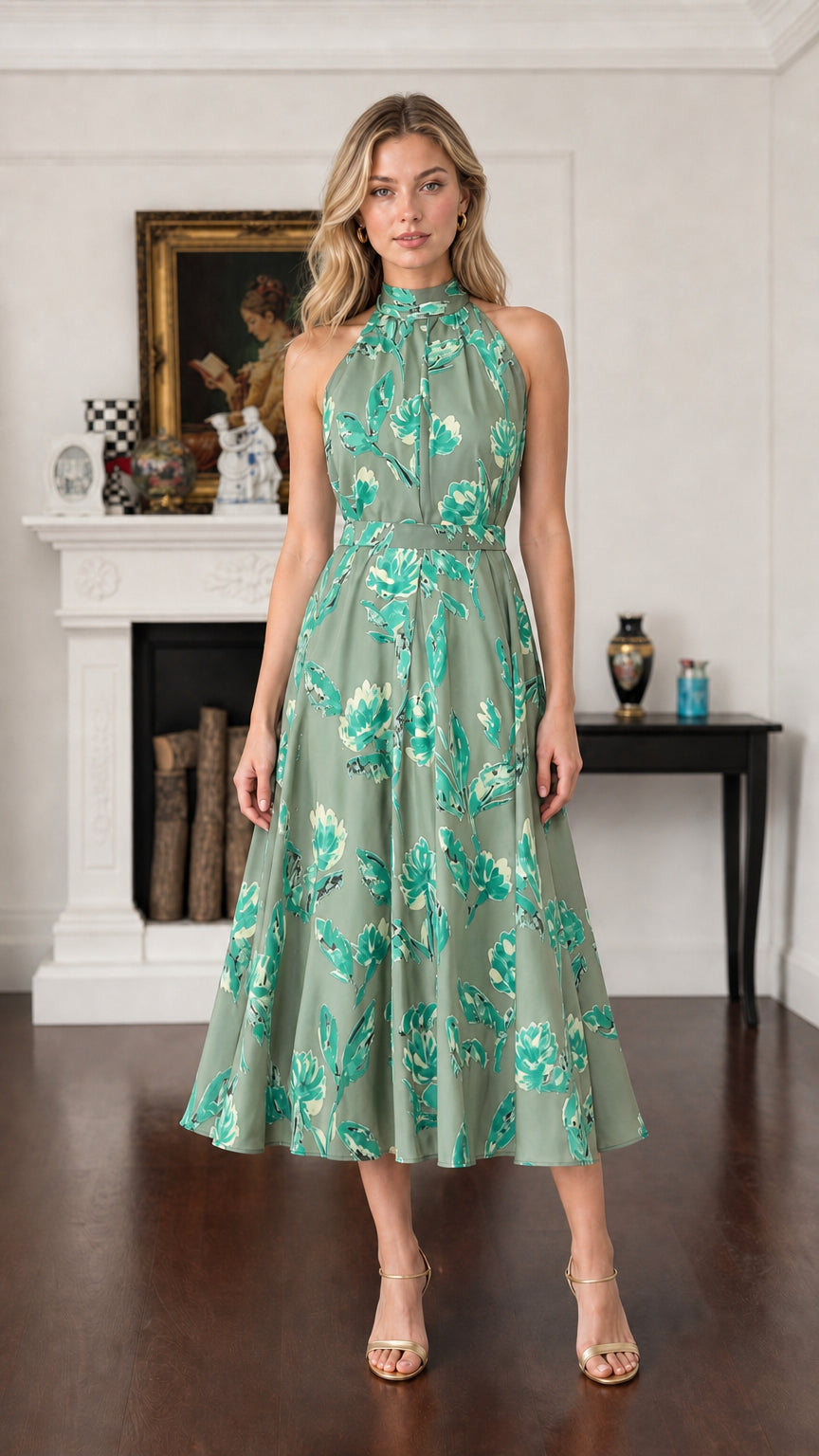 Model wearing Sage Green Floral halter neck A-line midi dress