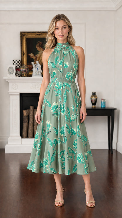 Model wearing Sage Green Floral halter neck A-line midi dress