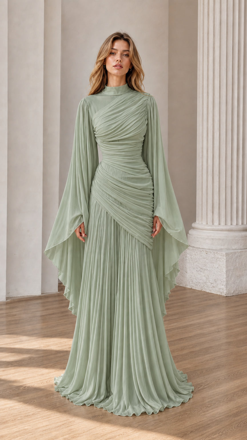 Front view of Sage Green ruched high-neck maxi dress
