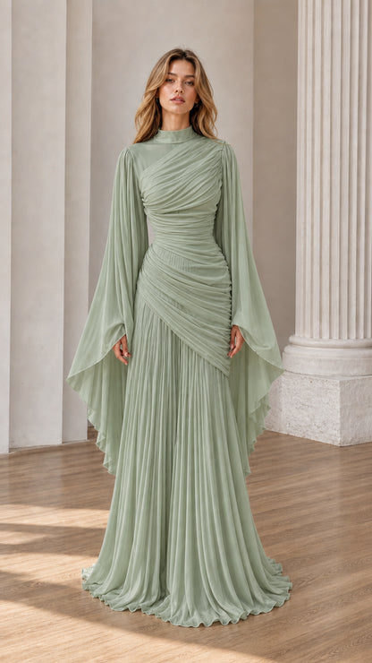 Front view of Sage Green ruched high-neck maxi dress