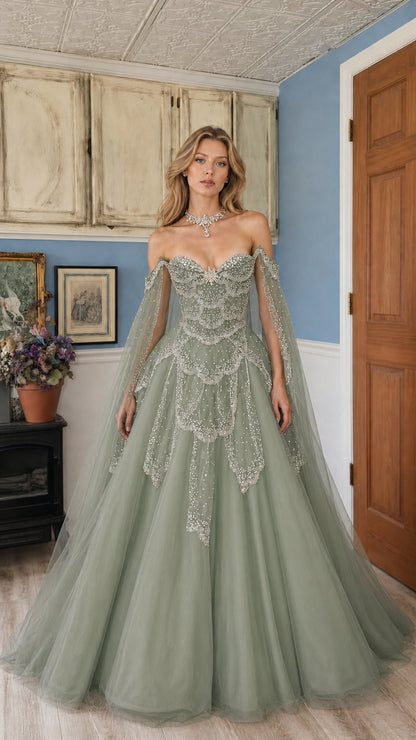Sage green beaded sweetheart ball gown with draped illusion sleeves
