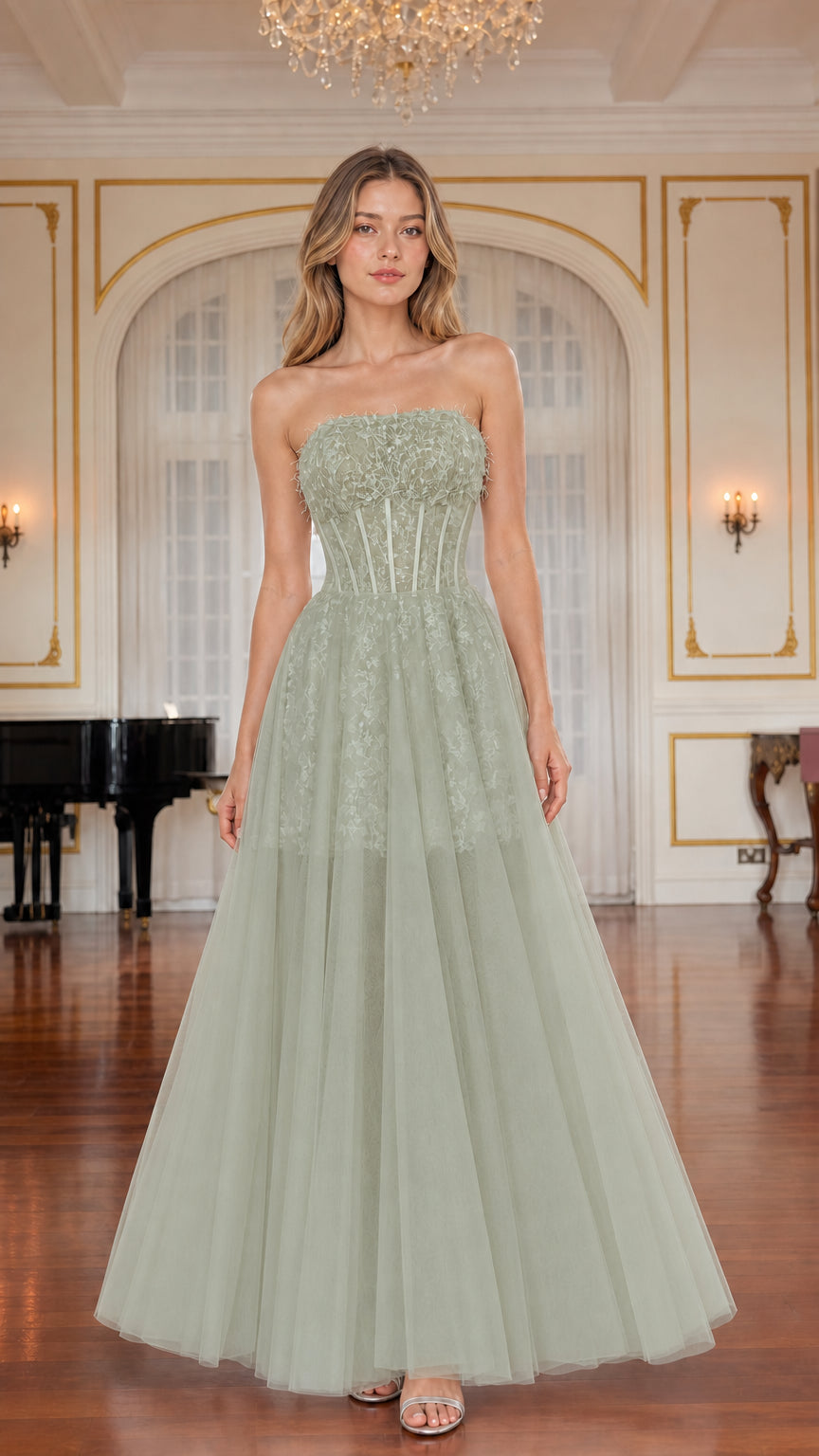 Model wearing sage green strapless corset tulle formal dress