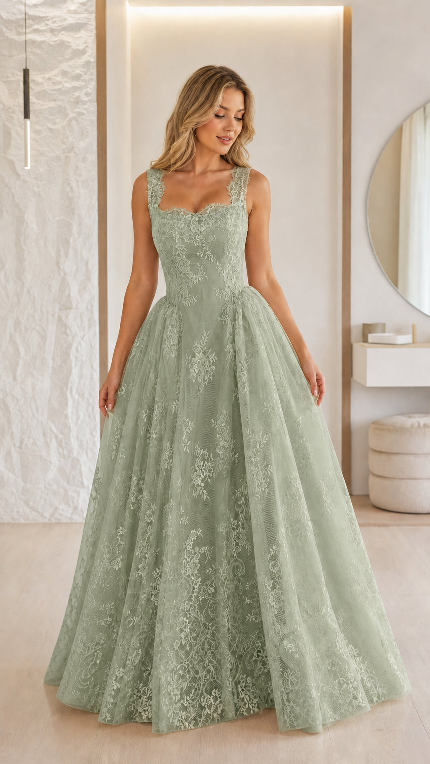 Front view of sage green lace ball gown evening dress