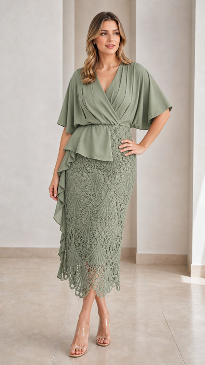 Sage green capelet wrap v-neck midi dress with intricate lace skirt